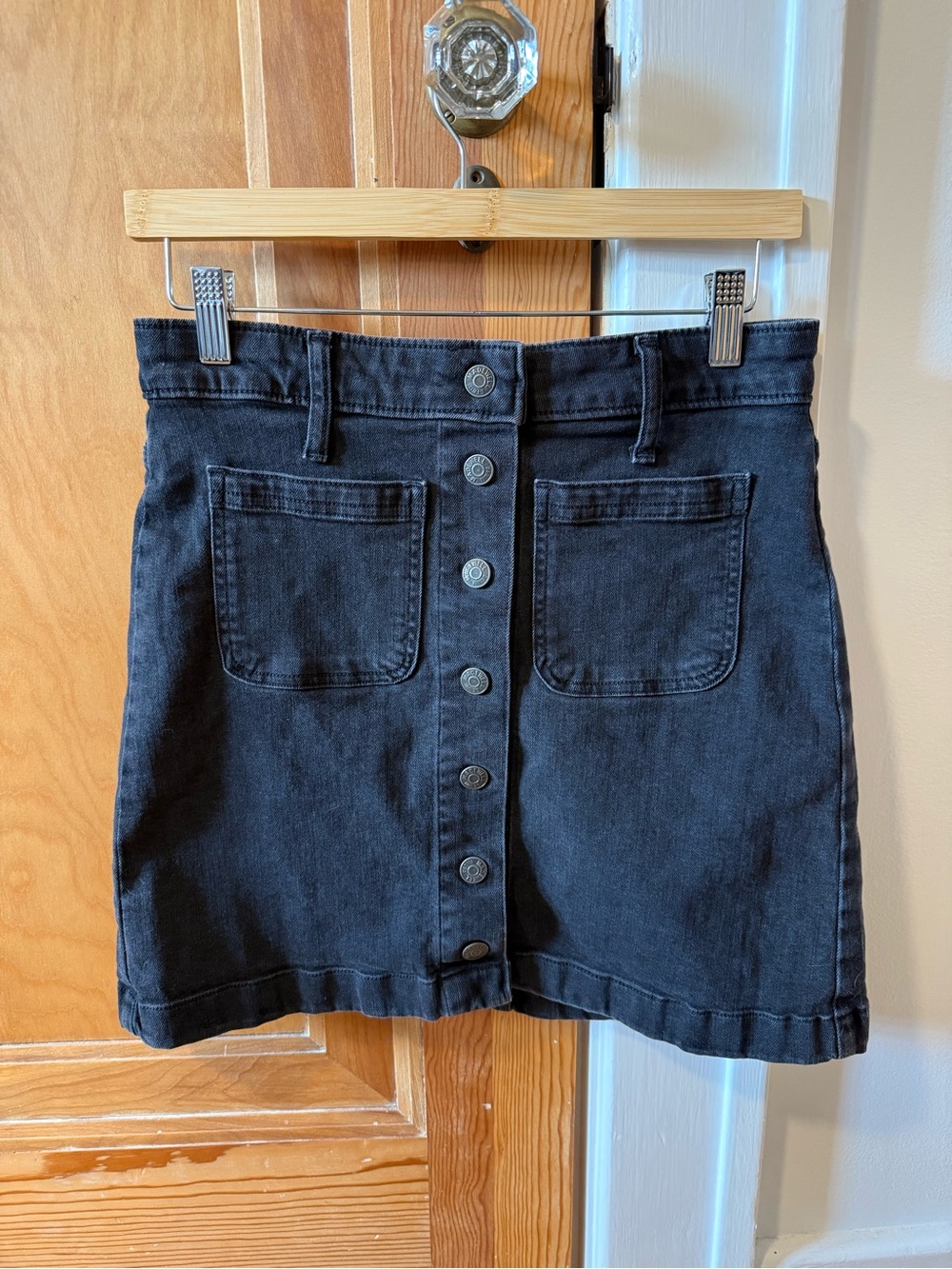 Madewell Black Denim Button-Front Mini Skirt snap buttons